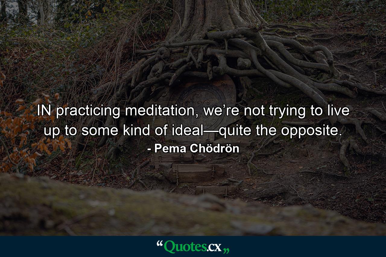 IN practicing meditation, we’re not trying to live up to some kind of ideal—quite the opposite. - Quote by Pema Chödrön