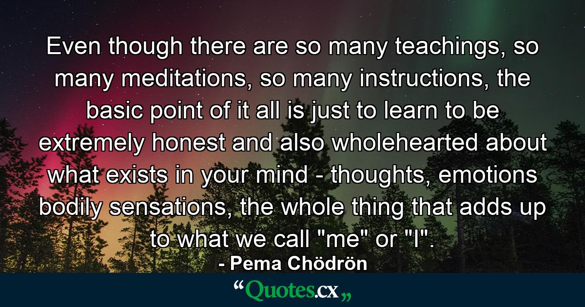 Even though there are so many teachings, so many meditations, so many instructions, the basic point of it all is just to learn to be extremely honest and also wholehearted about what exists in your mind - thoughts, emotions bodily sensations, the whole thing that adds up to what we call 