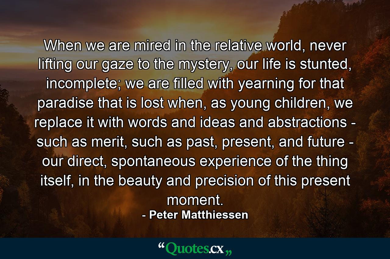 When we are mired in the relative world, never lifting our gaze to the mystery, our life is stunted, incomplete; we are filled with yearning for that paradise that is lost when, as young children, we replace it with words and ideas and abstractions - such as merit, such as past, present, and future - our direct, spontaneous experience of the thing itself, in the beauty and precision of this present moment. - Quote by Peter Matthiessen