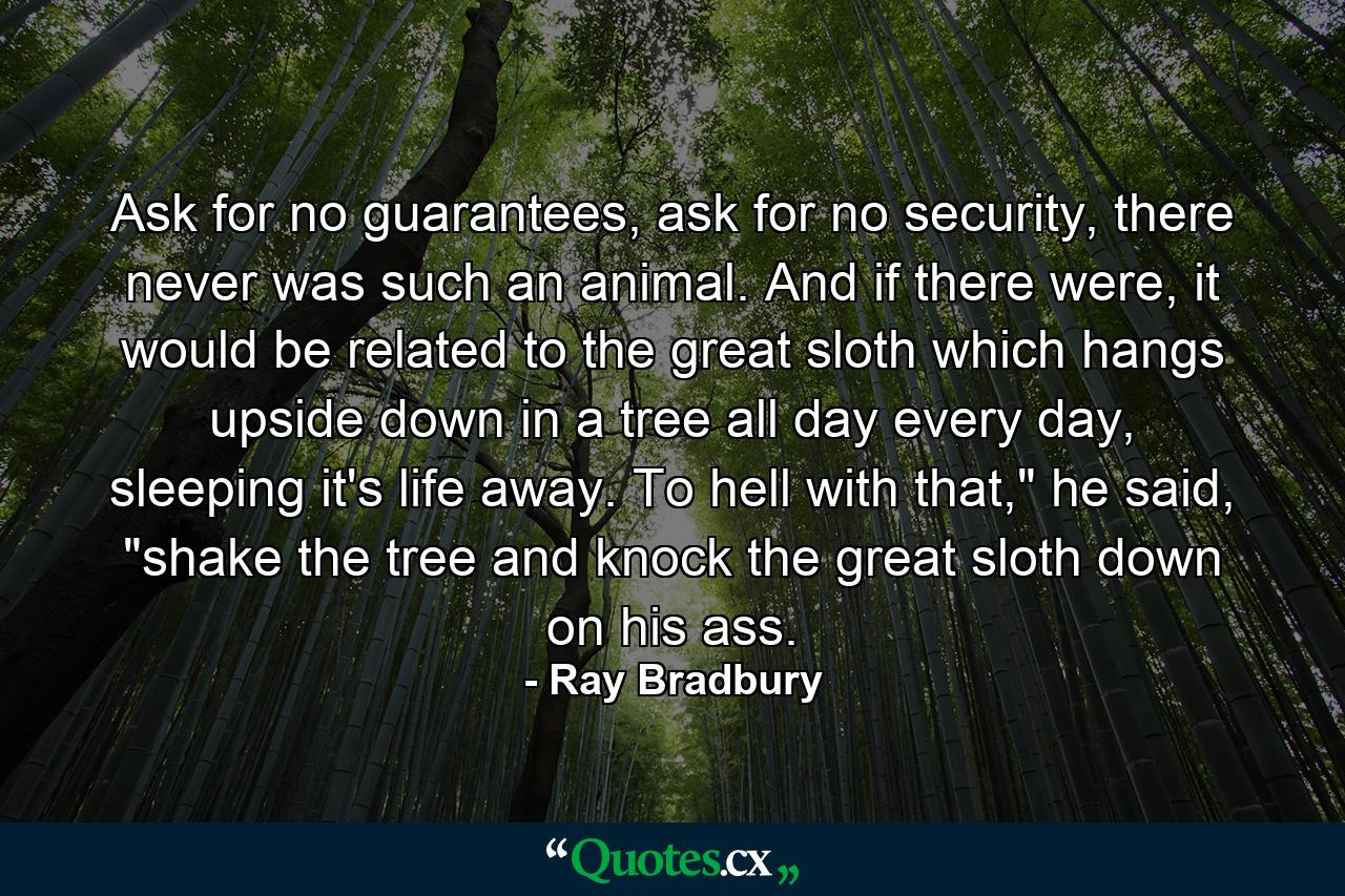 Ask for no guarantees, ask for no security, there never was such an animal. And if there were, it would be related to the great sloth which hangs upside down in a tree all day every day, sleeping it's life away. To hell with that,