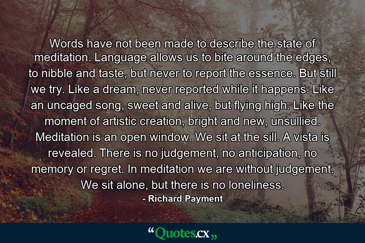 Words have not been made to describe the state of meditation. Language allows us to bite around the edges, to nibble and taste, but never to report the essence. But still we try. Like a dream, never reported while it happens. Like an uncaged song, sweet and alive, but flying high. Like the moment of artistic creation, bright and new, unsullied. Meditation is an open window. We sit at the sill. A vista is revealed. There is no judgement, no anticipation, no memory or regret. In meditation we are without judgement. We sit alone, but there is no loneliness. - Quote by Richard Payment