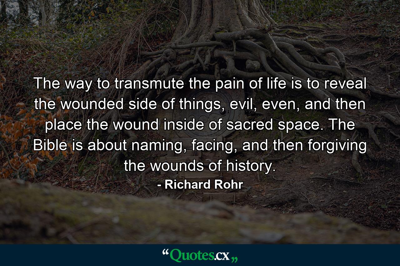 The way to transmute the pain of life is to reveal the wounded side of things, evil, even, and then place the wound inside of sacred space. The Bible is about naming, facing, and then forgiving the wounds of history. - Quote by Richard Rohr