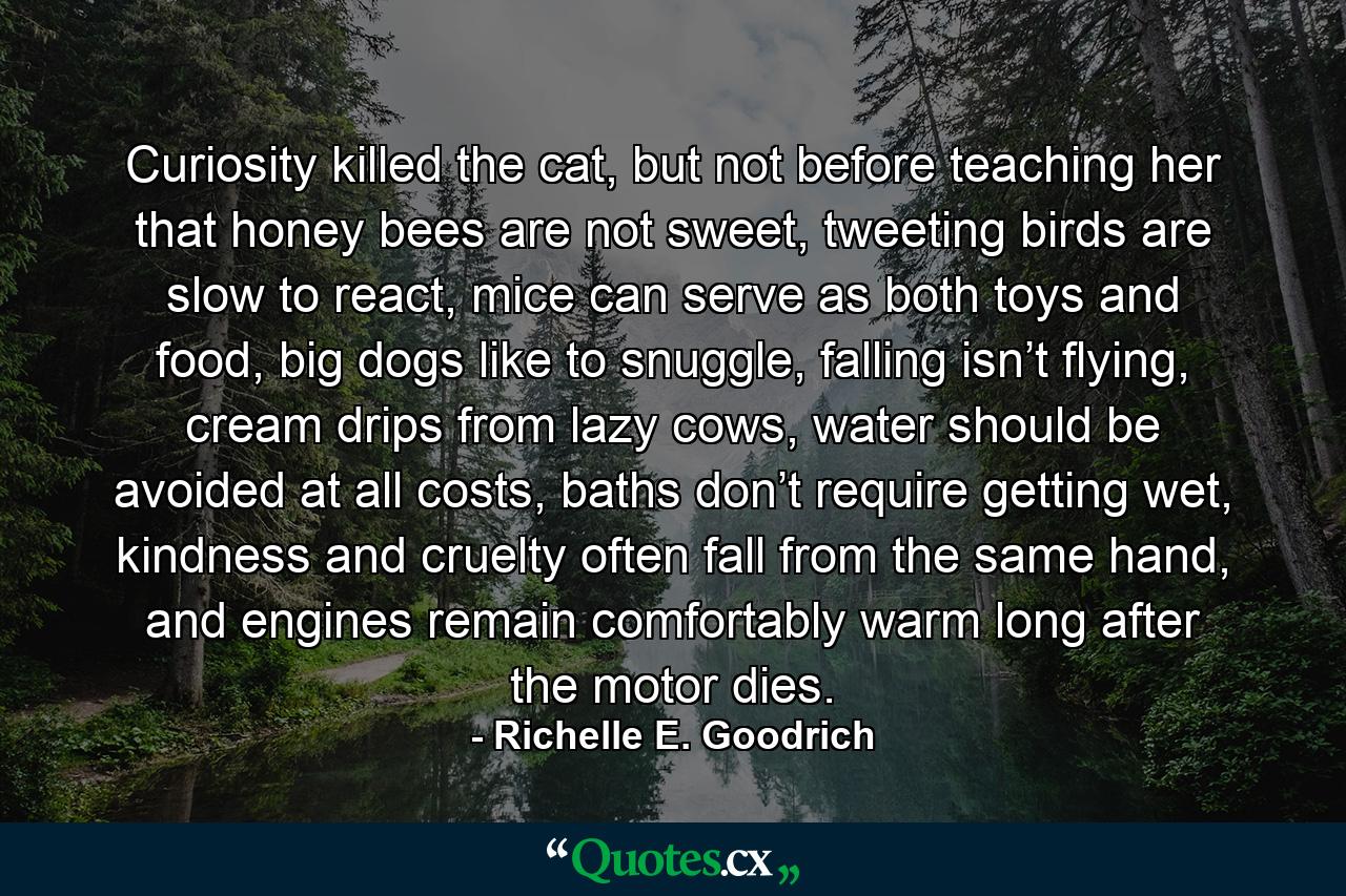 Curiosity killed the cat, but not before teaching her that honey bees are not sweet, tweeting birds are slow to react, mice can serve as both toys and food, big dogs like to snuggle, falling isn’t flying, cream drips from lazy cows, water should be avoided at all costs, baths don’t require getting wet, kindness and cruelty often fall from the same hand, and engines remain comfortably warm long after the motor dies. - Quote by Richelle E. Goodrich