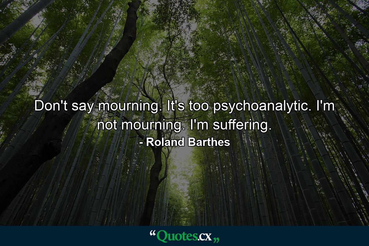 Don't say mourning. It's too psychoanalytic. I'm not mourning. I'm suffering. - Quote by Roland Barthes