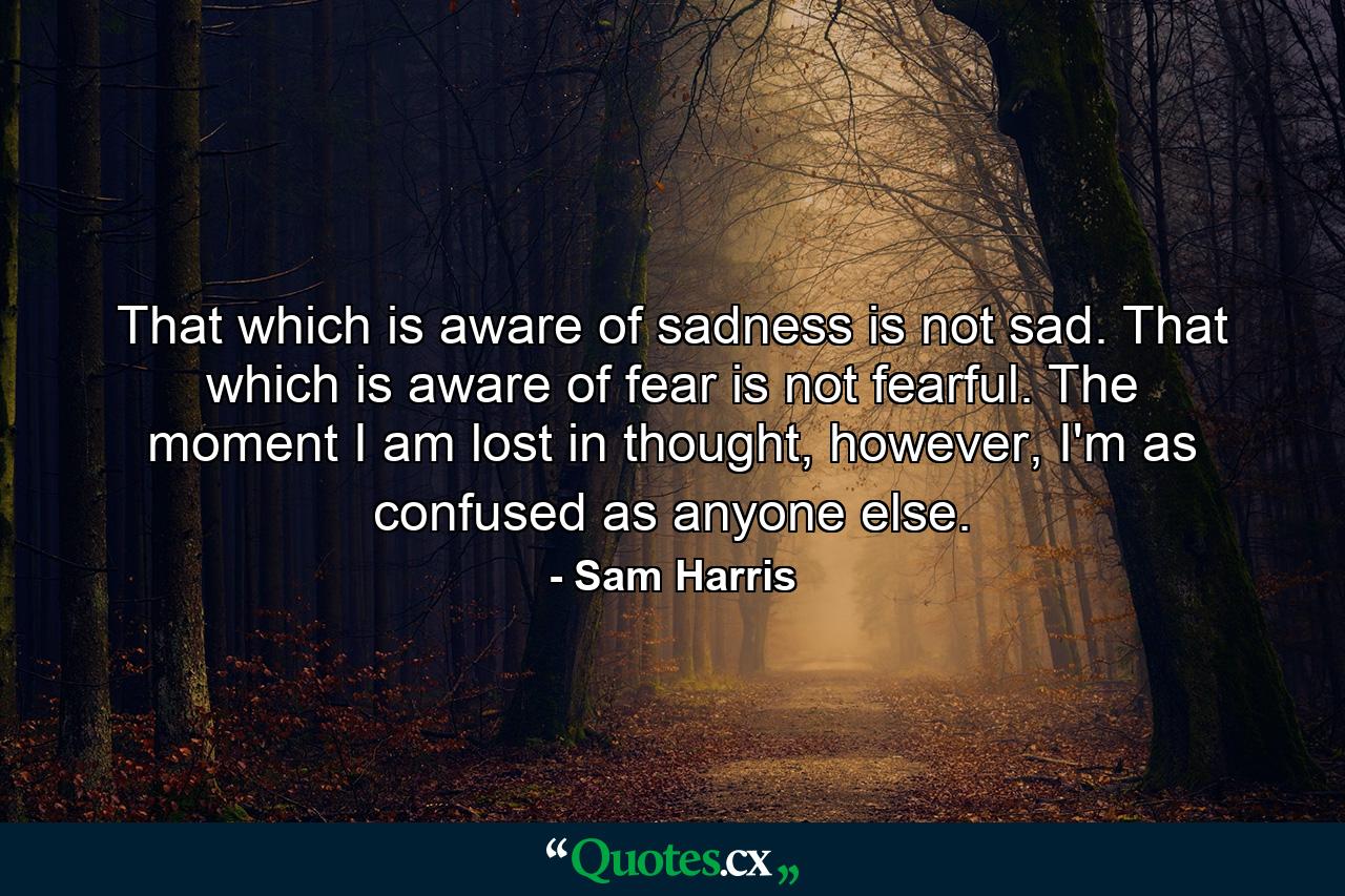 That which is aware of sadness is not sad. That which is aware of fear is not fearful. The moment I am lost in thought, however, I'm as confused as anyone else. - Quote by Sam Harris