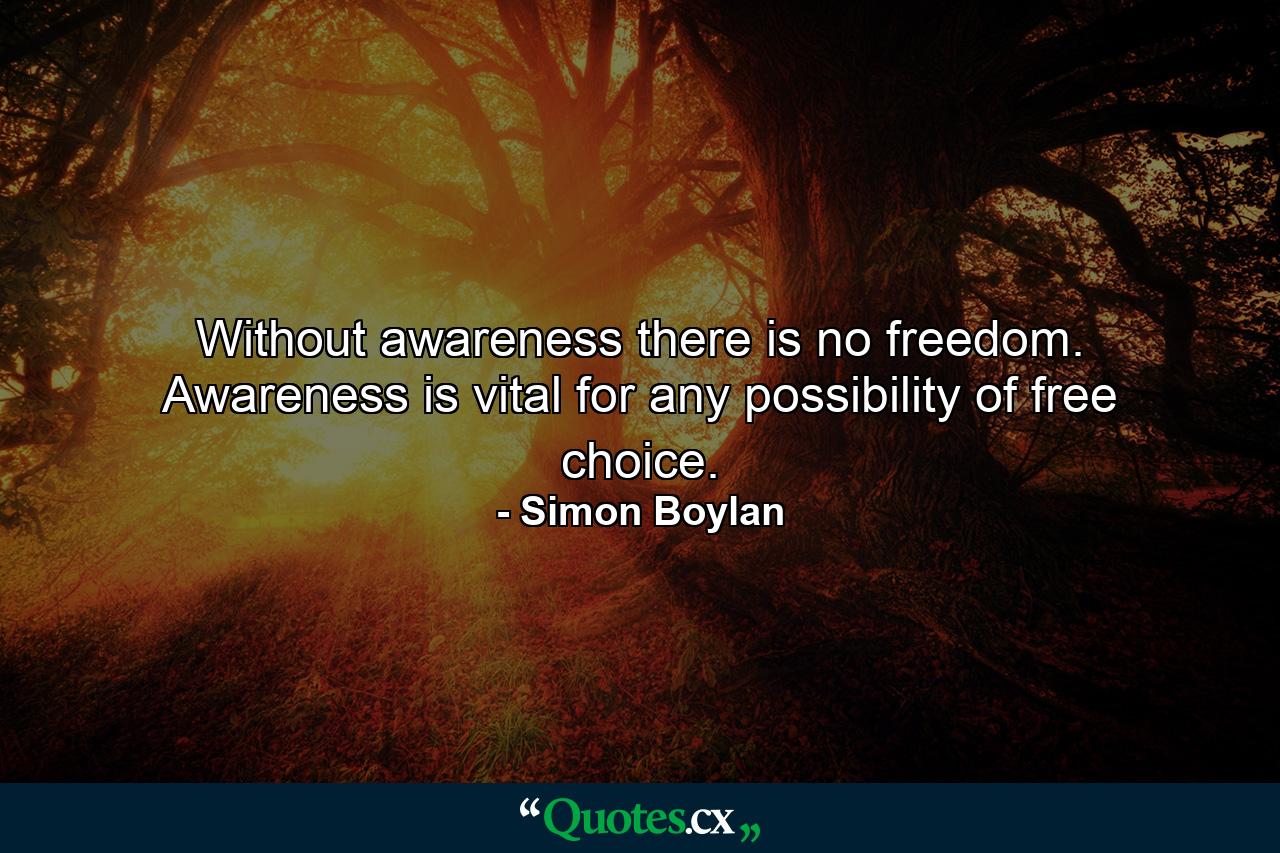 Without awareness there is no freedom. Awareness is vital for any possibility of free choice. - Quote by Simon Boylan