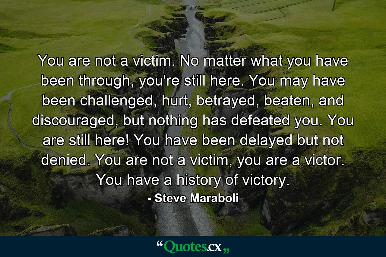 You are not a victim. No matter what you have been through, you're still here. You may have been challenged, hurt, betrayed, beaten, and discouraged, but nothing has defeated you. You are still here! You have been delayed but not denied. You are not a victim, you are a victor. You have a history of victory. - Quote by Steve Maraboli