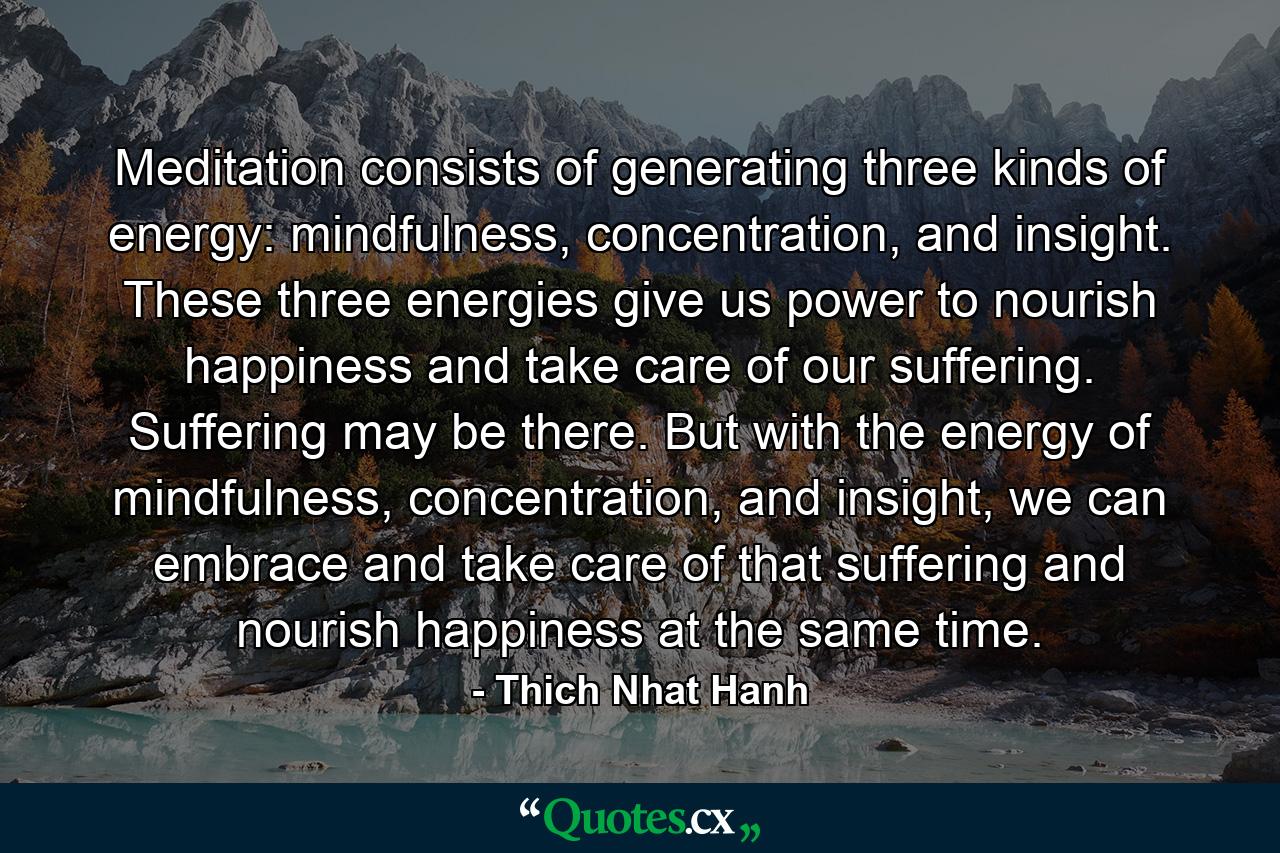 Meditation consists of generating three kinds of energy: mindfulness, concentration, and insight. These three energies give us power to nourish happiness and take care of our suffering. Suffering may be there. But with the energy of mindfulness, concentration, and insight, we can embrace and take care of that suffering and nourish happiness at the same time. - Quote by Thich Nhat Hanh