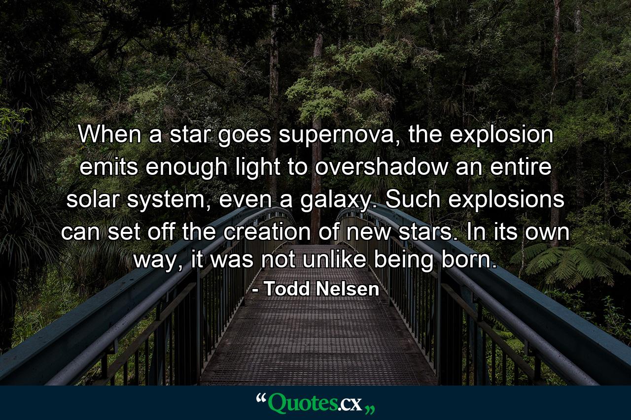 When a star goes supernova, the explosion emits enough light to overshadow an entire solar system, even a galaxy. Such explosions can set off the creation of new stars. In its own way, it was not unlike being born. - Quote by Todd Nelsen