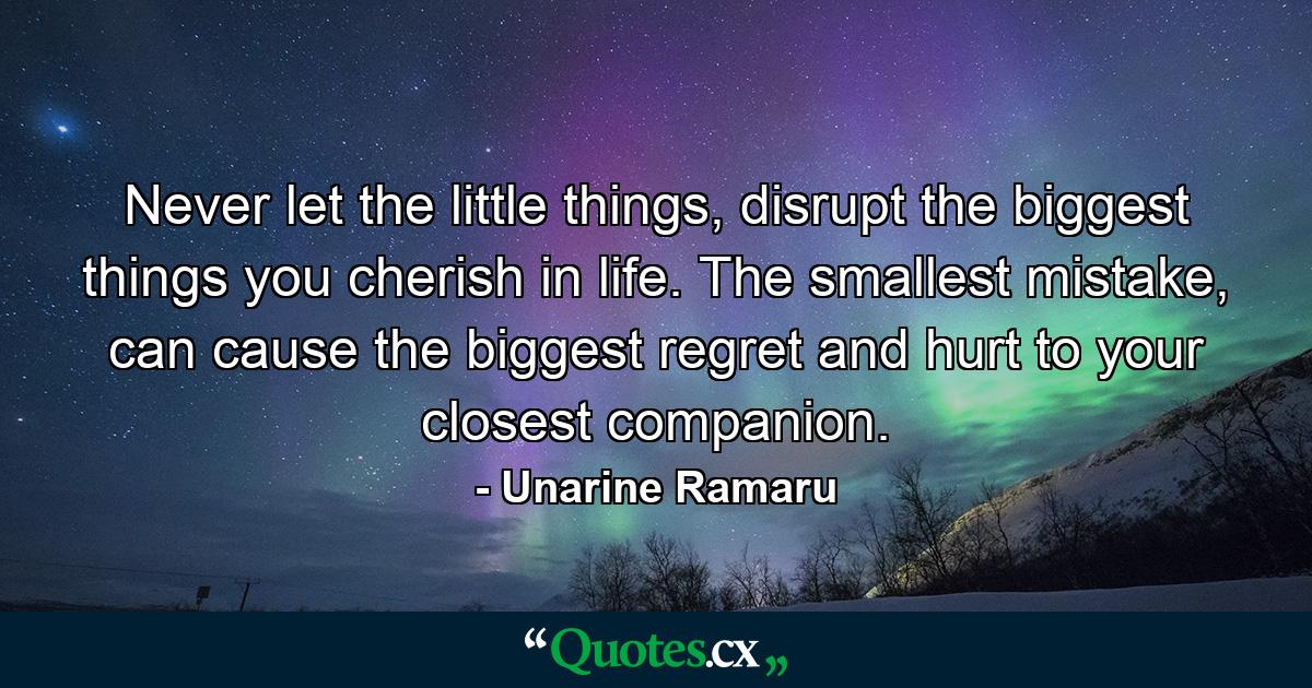 Never let the little things, disrupt the biggest things you cherish in life. The smallest mistake, can cause the biggest regret and hurt to your closest companion. - Quote by Unarine Ramaru