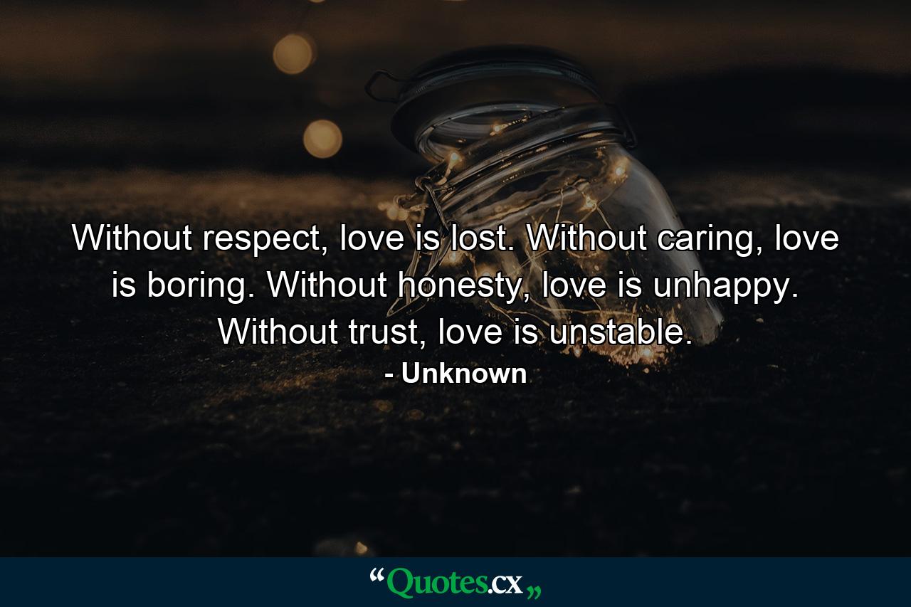 Without respect, love is lost. Without caring, love is boring. Without honesty, love is unhappy. Without trust, love is unstable. - Quote by Unknown