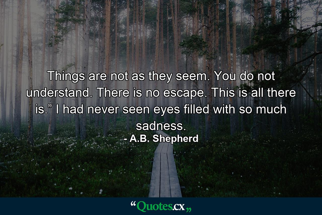 Things are not as they seem. You do not understand. There is no escape. This is all there is.” I had never seen eyes filled with so much sadness. - Quote by A.B. Shepherd