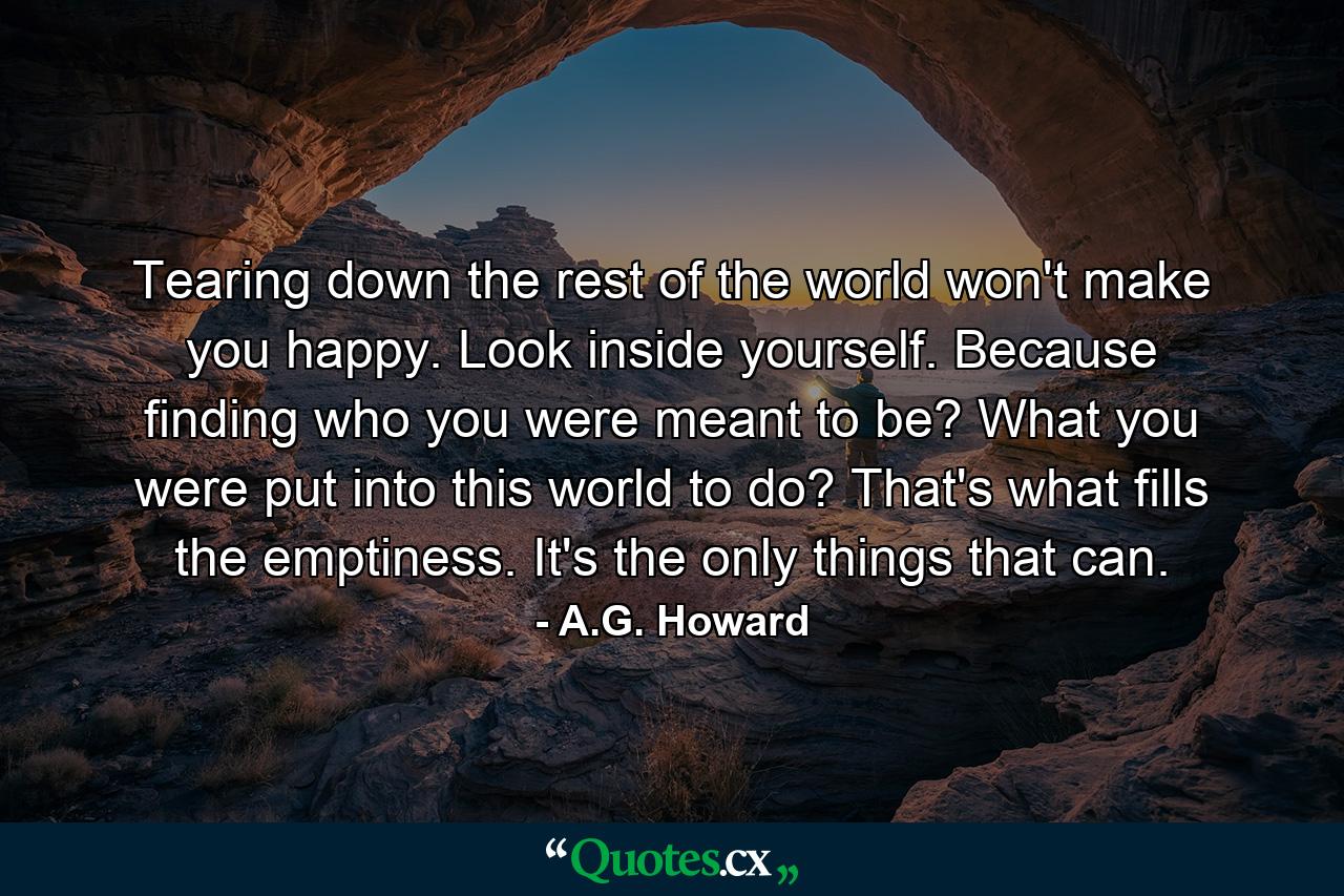 Tearing down the rest of the world won't make you happy. Look inside yourself. Because finding who you were meant to be? What you were put into this world to do? That's what fills the emptiness. It's the only things that can. - Quote by A.G. Howard