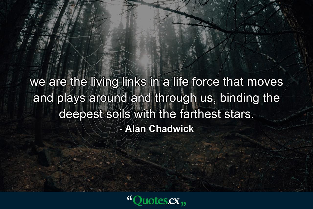 we are the living links in a life force that moves and plays around and through us, binding the deepest soils with the farthest stars. - Quote by Alan Chadwick