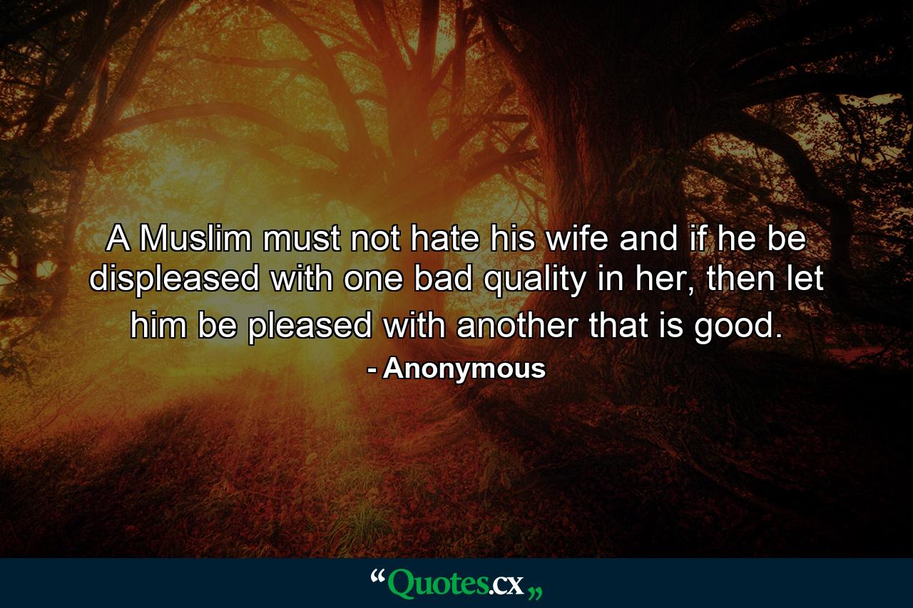 A Muslim must not hate his wife and if he be displeased with one bad quality in her, then let him be pleased with another that is good. - Quote by Anonymous