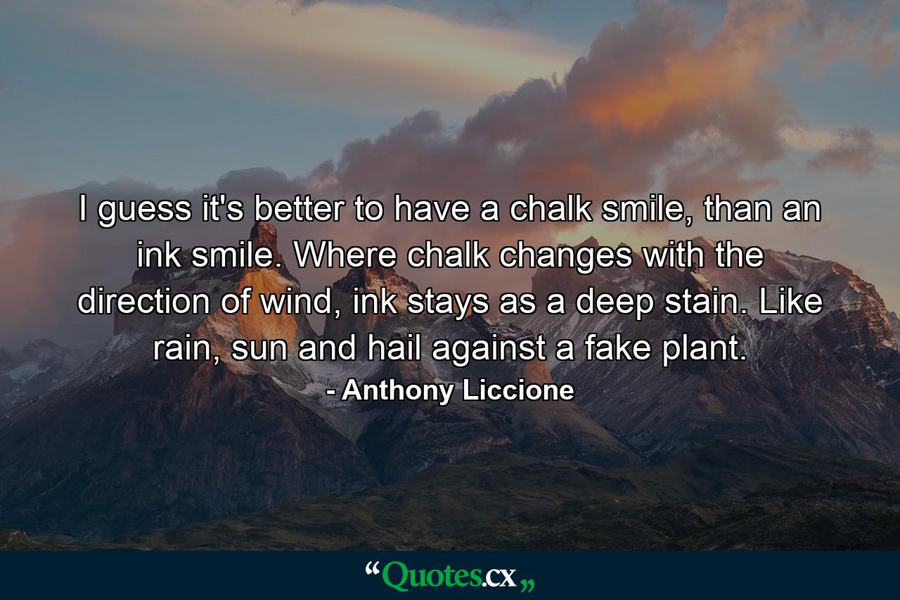 I guess it's better to have a chalk smile, than an ink smile. Where chalk changes with the direction of wind, ink stays as a deep stain. Like rain, sun and hail against a fake plant. - Quote by Anthony Liccione