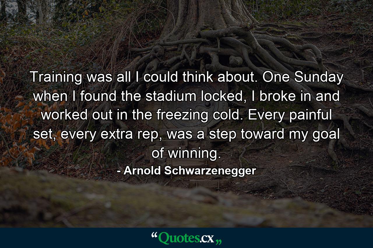 Training was all I could think about. One Sunday when I found the stadium locked, I broke in and worked out in the freezing cold. Every painful set, every extra rep, was a step toward my goal of winning. - Quote by Arnold Schwarzenegger