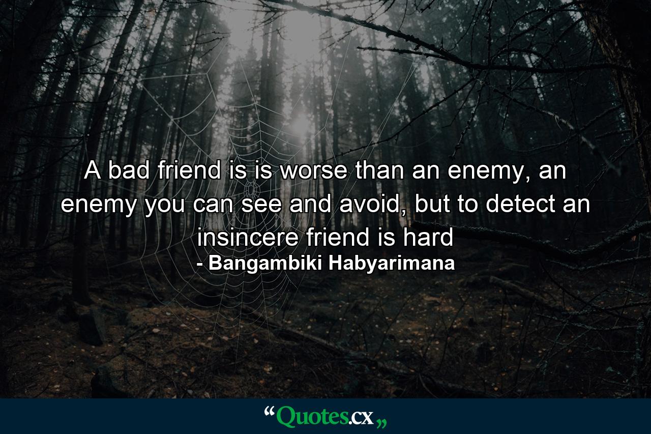 A bad friend is is worse than an enemy, an enemy you can see and avoid, but to detect an insincere friend is hard - Quote by Bangambiki Habyarimana