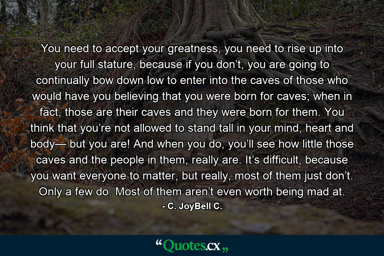 You need to accept your greatness, you need to rise up into your full stature, because if you don’t, you are going to continually bow down low to enter into the caves of those who would have you believing that you were born for caves; when in fact, those are their caves and they were born for them. You think that you’re not allowed to stand tall in your mind, heart and body— but you are! And when you do, you’ll see how little those caves and the people in them, really are. It’s difficult, because you want everyone to matter, but really, most of them just don’t. Only a few do. Most of them aren’t even worth being mad at. - Quote by C. JoyBell C.