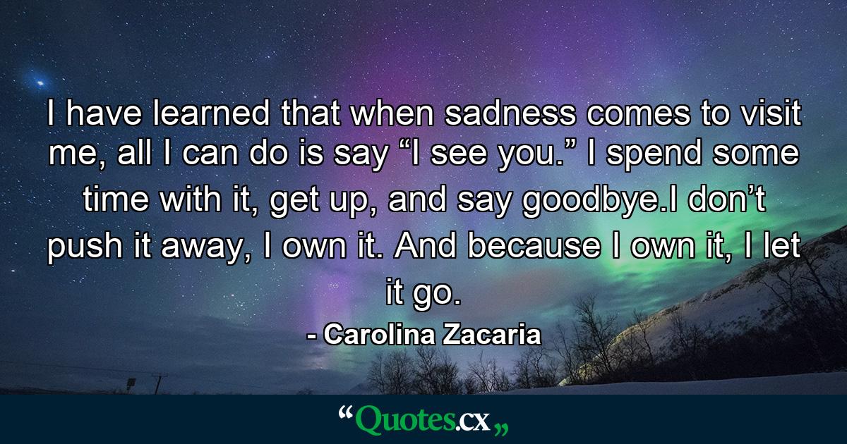 I have learned that when sadness comes to visit me, all I can do is say “I see you.” I spend some time with it, get up, and say goodbye.I don’t push it away, I own it. And because I own it, I let it go. - Quote by Carolina Zacaria