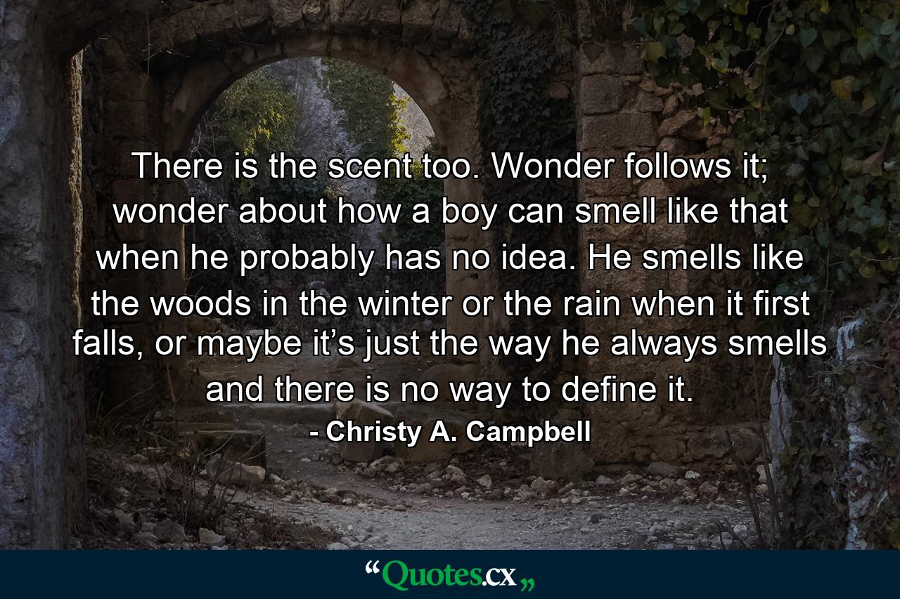 There is the scent too. Wonder follows it; wonder about how a boy can smell like that when he probably has no idea. He smells like the woods in the winter or the rain when it first falls, or maybe it’s just the way he always smells and there is no way to define it. - Quote by Christy A. Campbell