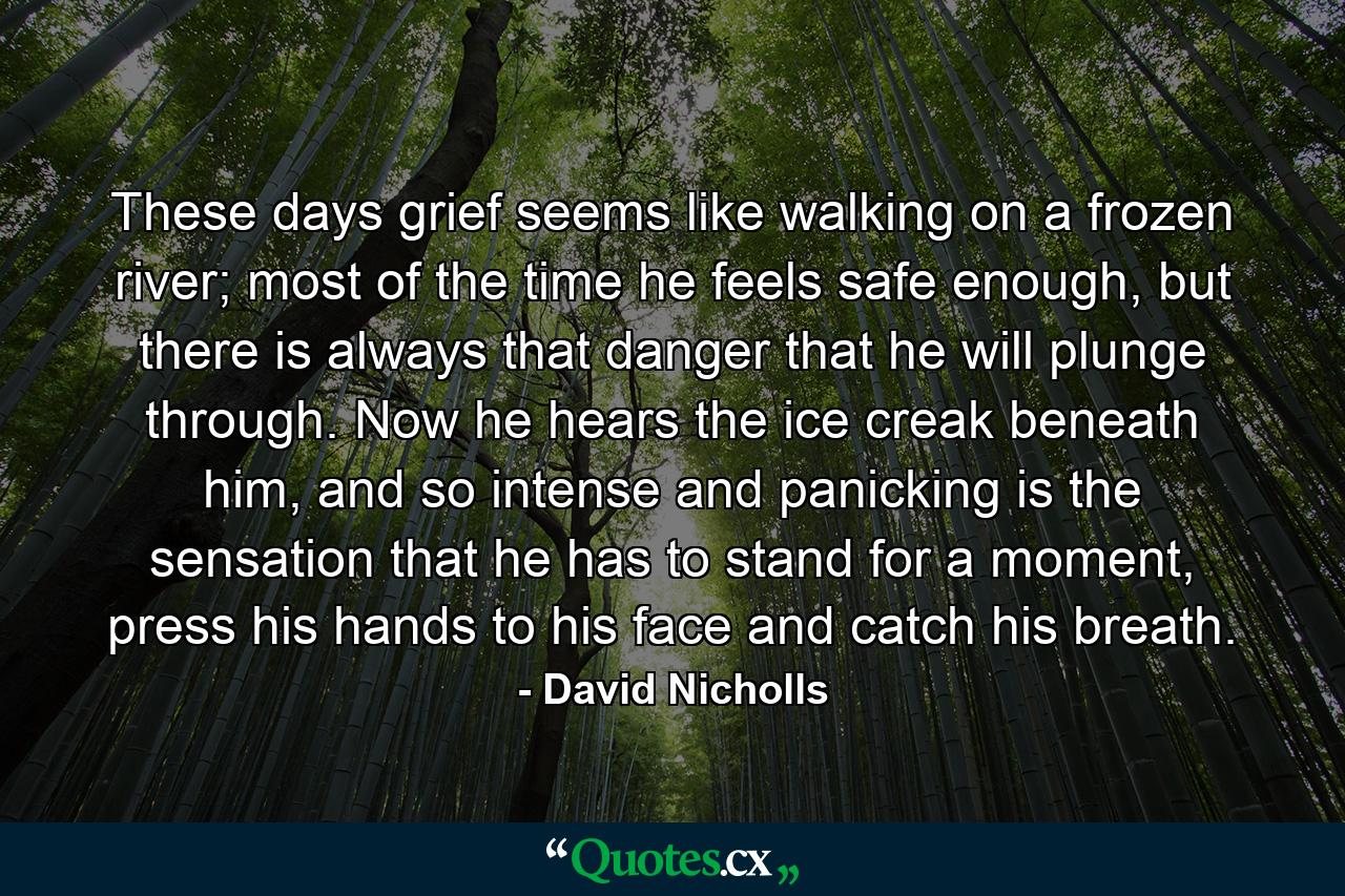 These days grief seems like walking on a frozen river; most of the time he feels safe enough, but there is always that danger that he will plunge through. Now he hears the ice creak beneath him, and so intense and panicking is the sensation that he has to stand for a moment, press his hands to his face and catch his breath. - Quote by David Nicholls