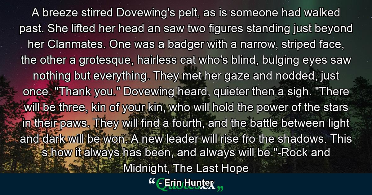 A breeze stirred Dovewing's pelt, as is someone had walked past. She lifted her head an saw two figures standing just beyond her Clanmates. One was a badger with a narrow, striped face, the other a grotesque, hairless cat who's blind, bulging eyes saw nothing but everything. They met her gaze and nodded, just once. 