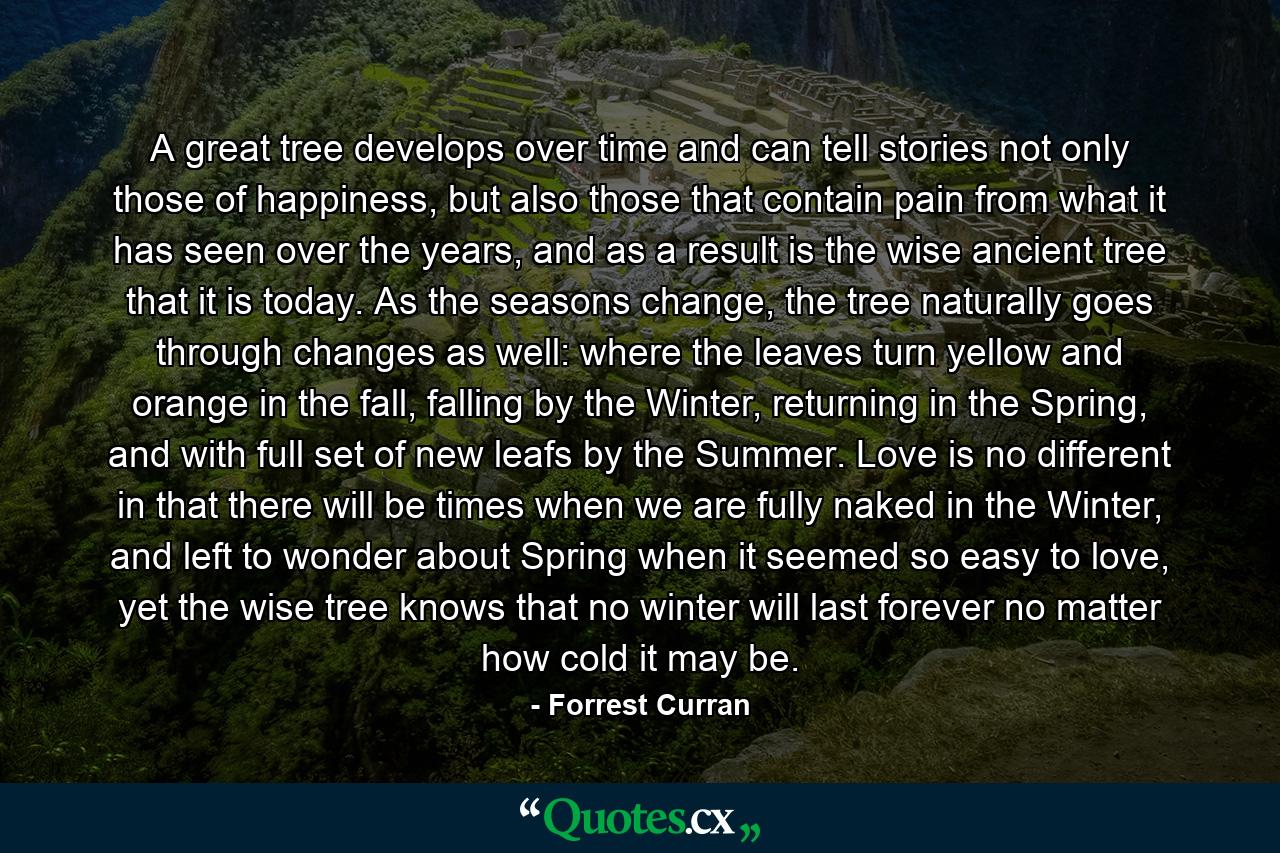 A great tree develops over time and can tell stories not only those of happiness, but also those that contain pain from what it has seen over the years, and as a result is the wise ancient tree that it is today. As the seasons change, the tree naturally goes through changes as well: where the leaves turn yellow and orange in the fall, falling by the Winter, returning in the Spring, and with full set of new leafs by the Summer. Love is no different in that there will be times when we are fully naked in the Winter, and left to wonder about Spring when it seemed so easy to love, yet the wise tree knows that no winter will last forever no matter how cold it may be. - Quote by Forrest Curran