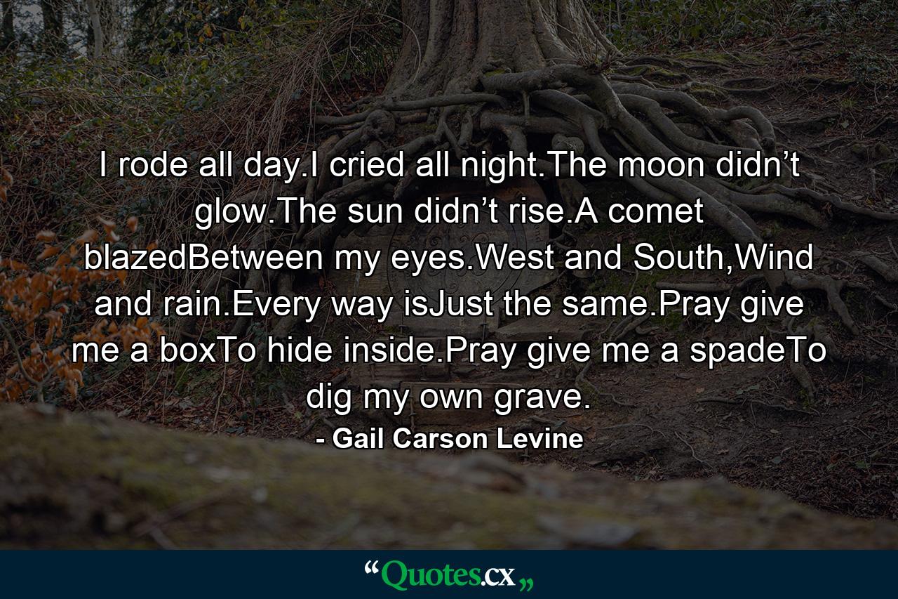 I rode all day.I cried all night.The moon didn’t glow.The sun didn’t rise.A comet blazedBetween my eyes.West and South,Wind and rain.Every way isJust the same.Pray give me a boxTo hide inside.Pray give me a spadeTo dig my own grave. - Quote by Gail Carson Levine