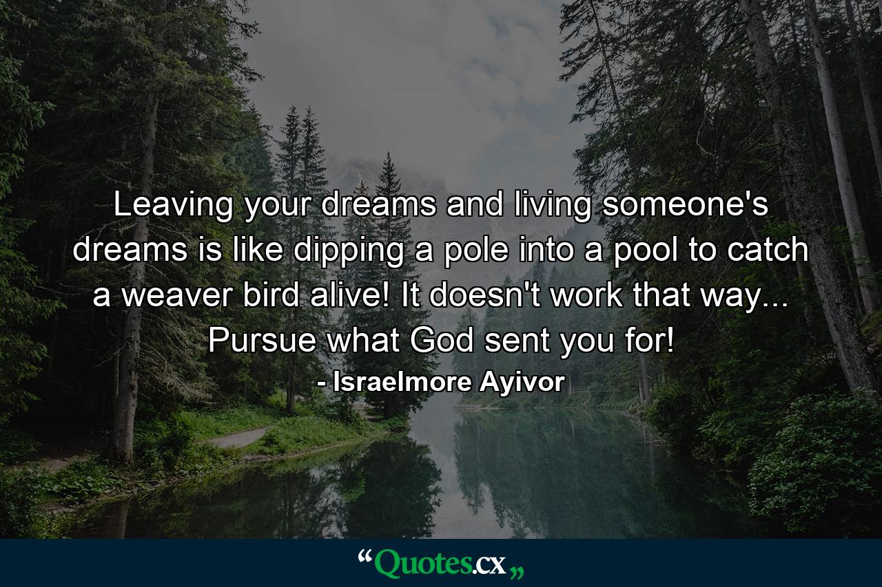 Leaving your dreams and living someone's dreams is like dipping a pole into a pool to catch a weaver bird alive! It doesn't work that way... Pursue what God sent you for! - Quote by Israelmore Ayivor