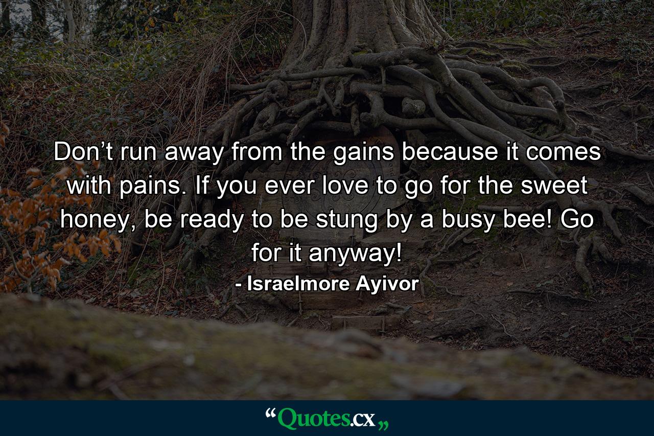 Don’t run away from the gains because it comes with pains. If you ever love to go for the sweet honey, be ready to be stung by a busy bee! Go for it anyway! - Quote by Israelmore Ayivor