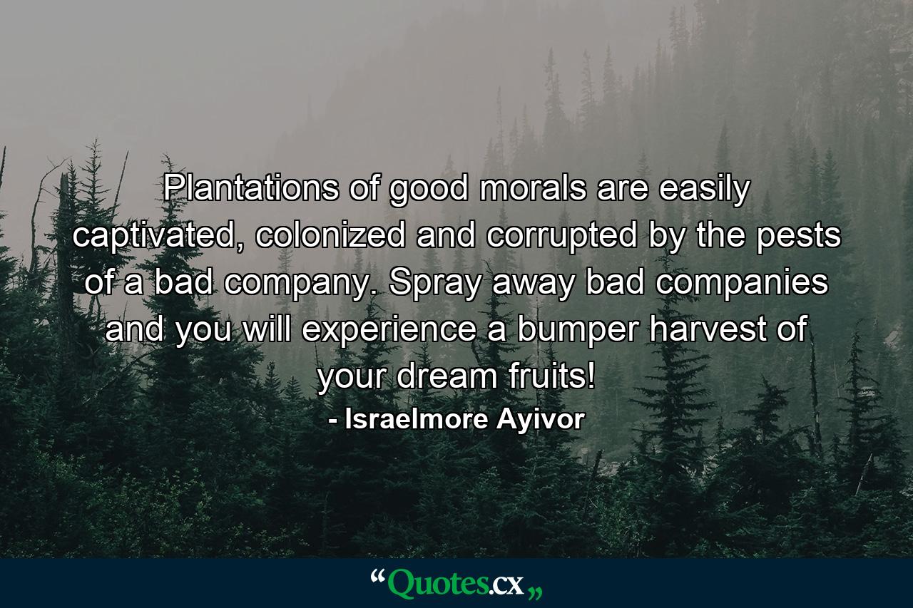 Plantations of good morals are easily captivated, colonized and corrupted by the pests of a bad company. Spray away bad companies and you will experience a bumper harvest of your dream fruits! - Quote by Israelmore Ayivor