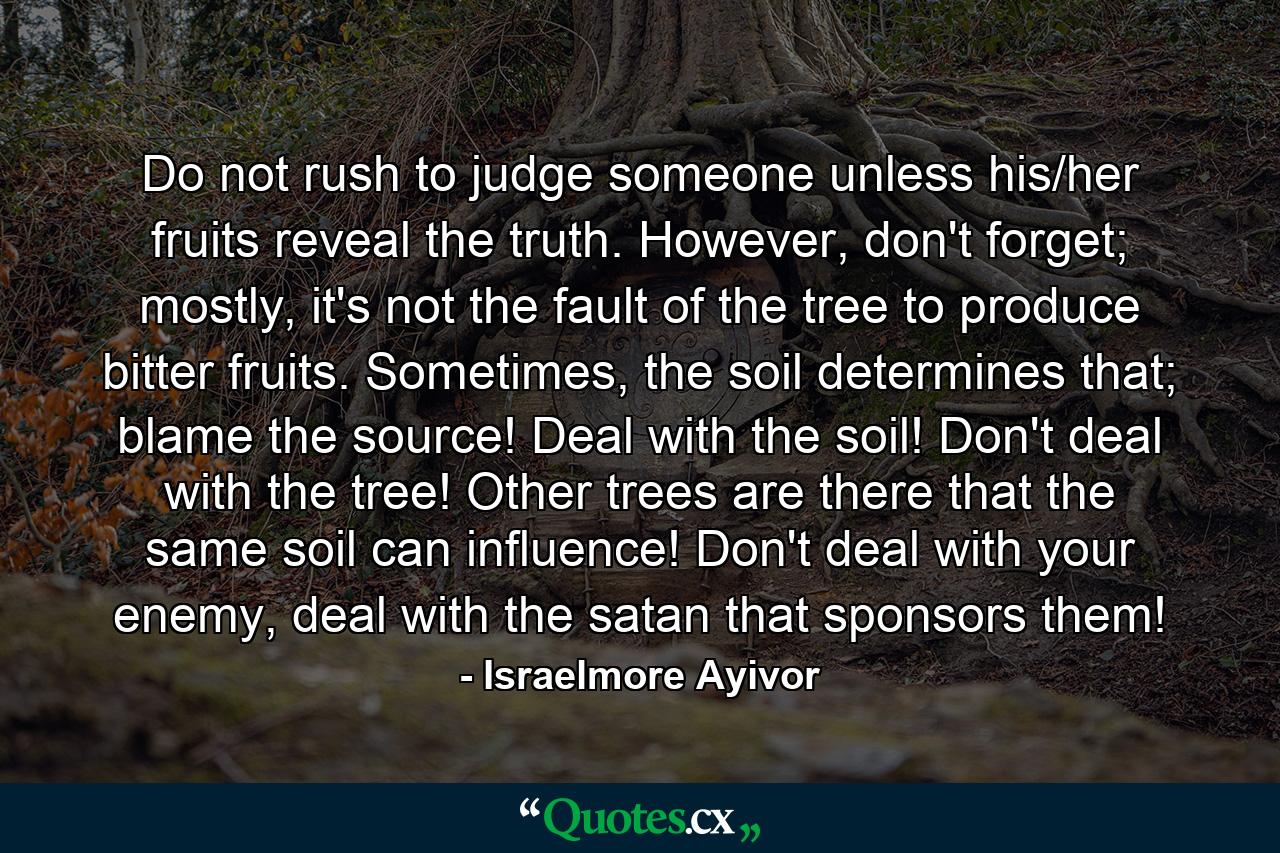 Do not rush to judge someone unless his/her fruits reveal the truth. However, don't forget; mostly, it's not the fault of the tree to produce bitter fruits. Sometimes, the soil determines that; blame the source! Deal with the soil! Don't deal with the tree! Other trees are there that the same soil can influence! Don't deal with your enemy, deal with the satan that sponsors them! - Quote by Israelmore Ayivor