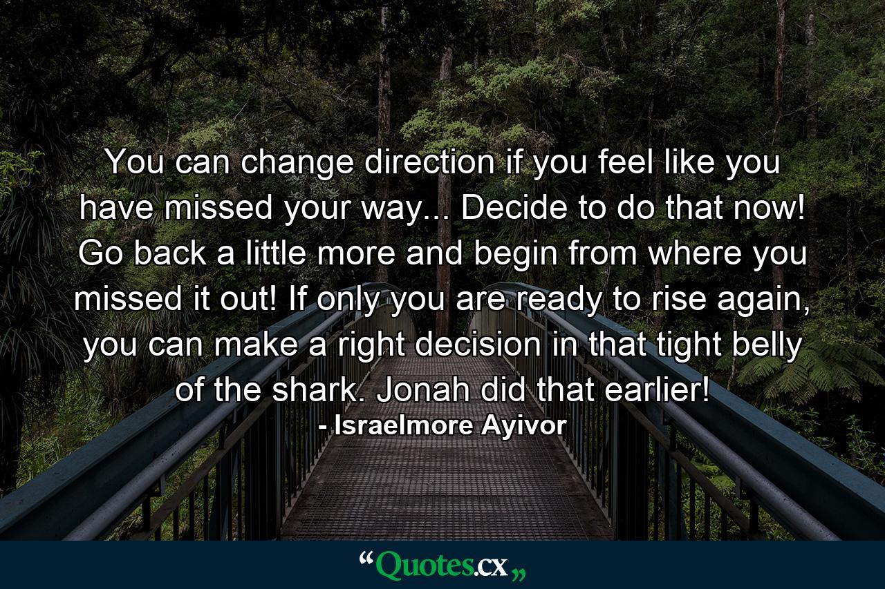 You can change direction if you feel like you have missed your way... Decide to do that now! Go back a little more and begin from where you missed it out! If only you are ready to rise again, you can make a right decision in that tight belly of the shark. Jonah did that earlier! - Quote by Israelmore Ayivor