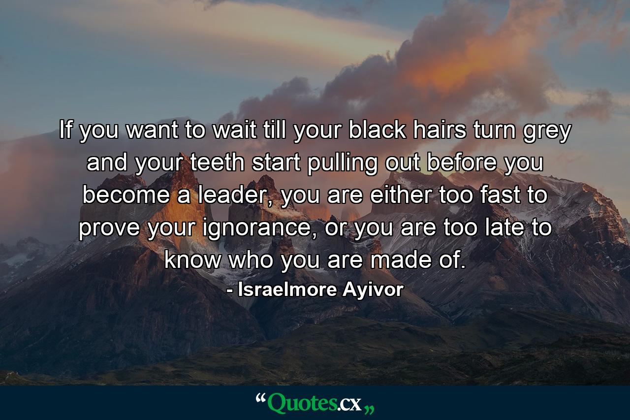 If you want to wait till your black hairs turn grey and your teeth start pulling out before you become a leader, you are either too fast to prove your ignorance, or you are too late to know who you are made of. - Quote by Israelmore Ayivor