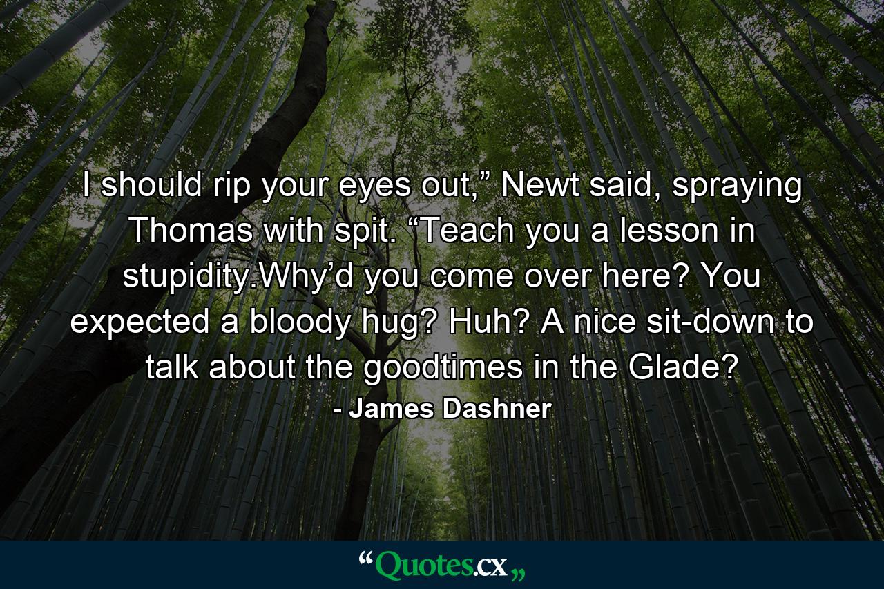 I should rip your eyes out,” Newt said, spraying Thomas with spit. “Teach you a lesson in stupidity.Why’d you come over here? You expected a bloody hug? Huh? A nice sit-down to talk about the goodtimes in the Glade? - Quote by James Dashner