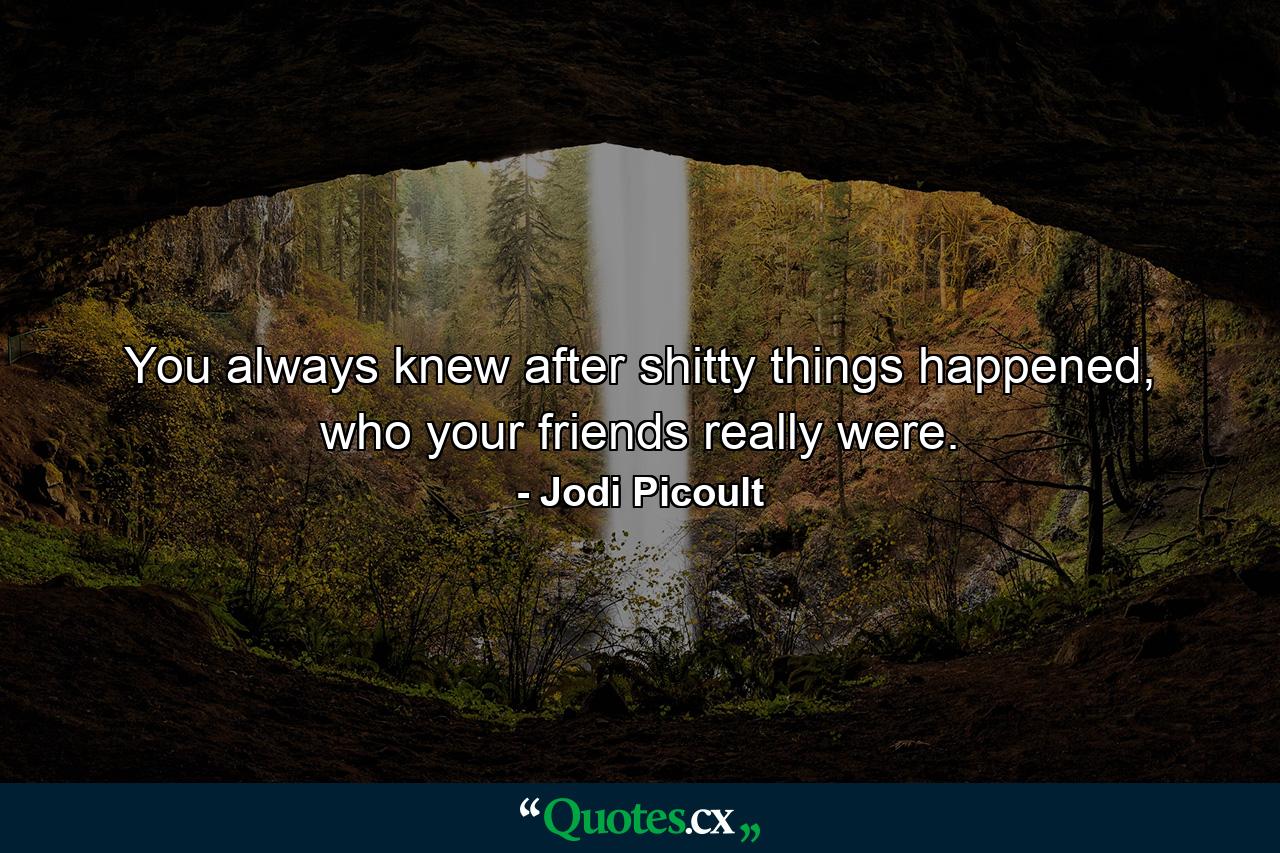 You always knew after shitty things happened, who your friends really were. - Quote by Jodi Picoult