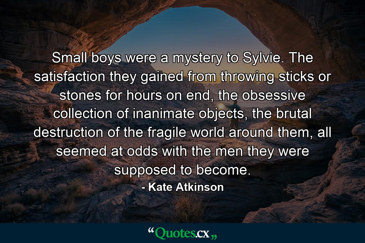 Small boys were a mystery to Sylvie. The satisfaction they gained from throwing sticks or stones for hours on end, the obsessive collection of inanimate objects, the brutal destruction of the fragile world around them, all seemed at odds with the men they were supposed to become. - Quote by Kate Atkinson