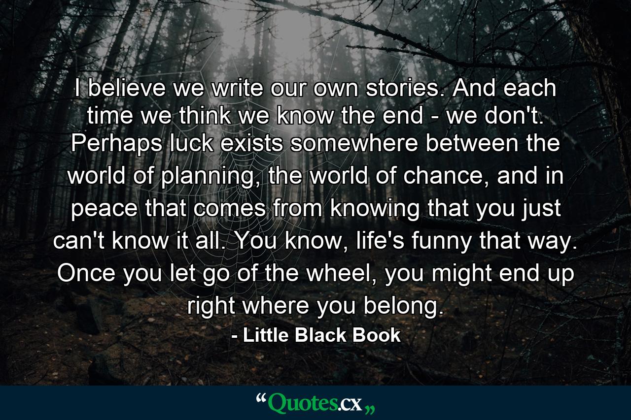 I believe we write our own stories. And each time we think we know the end - we don't. Perhaps luck exists somewhere between the world of planning, the world of chance, and in peace that comes from knowing that you just can't know it all. You know, life's funny that way. Once you let go of the wheel, you might end up right where you belong. - Quote by Little Black Book