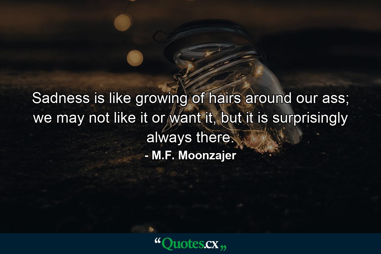 Sadness is like growing of hairs around our ass; we may not like it or want it, but it is surprisingly always there. - Quote by M.F. Moonzajer