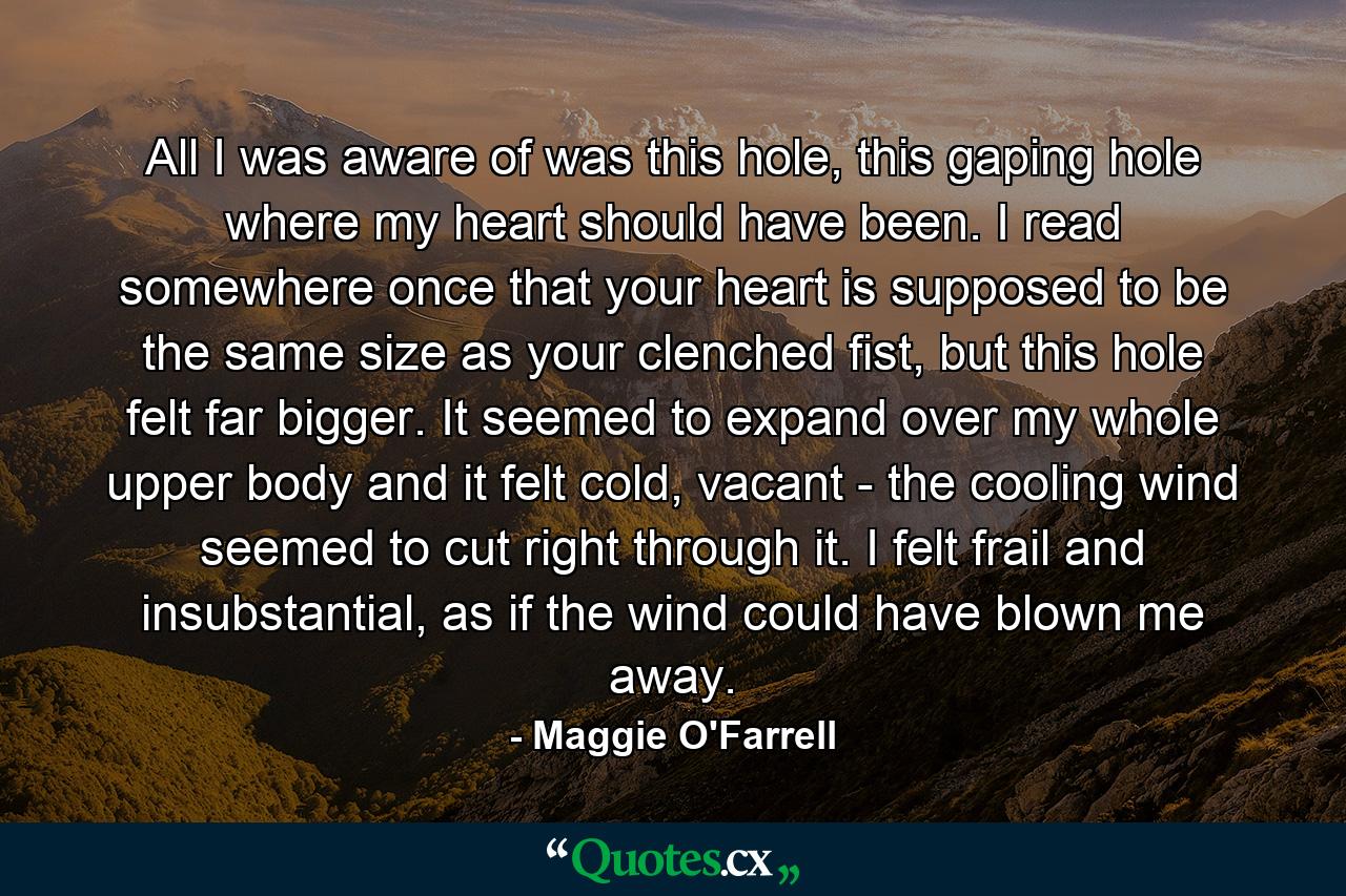 All I was aware of was this hole, this gaping hole where my heart should have been. I read somewhere once that your heart is supposed to be the same size as your clenched fist, but this hole felt far bigger. It seemed to expand over my whole upper body and it felt cold, vacant - the cooling wind seemed to cut right through it. I felt frail and insubstantial, as if the wind could have blown me away. - Quote by Maggie O'Farrell