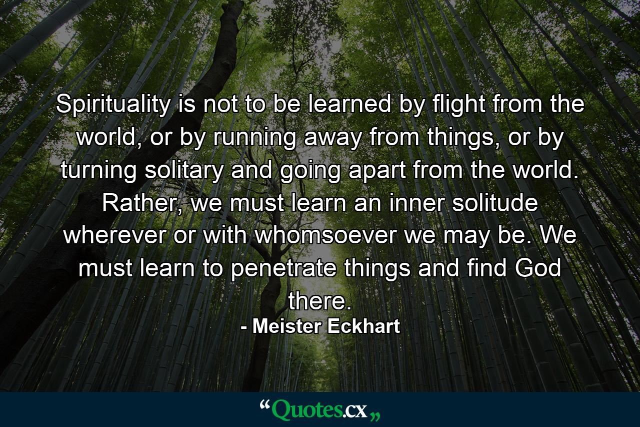 Spirituality is not to be learned by flight from the world, or by running away from things, or by turning solitary and going apart from the world. Rather, we must learn an inner solitude wherever or with whomsoever we may be. We must learn to penetrate things and find God there. - Quote by Meister Eckhart