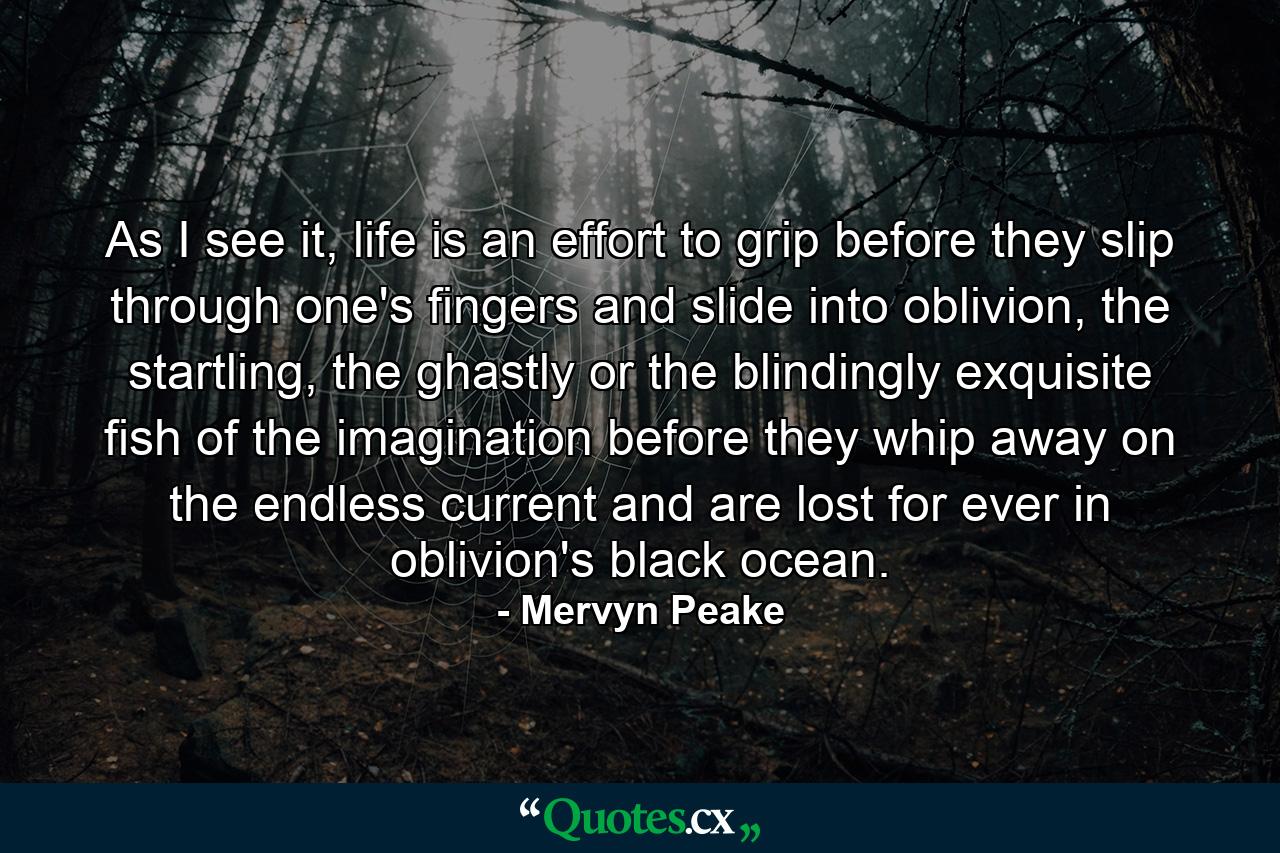 As I see it, life is an effort to grip before they slip through one's fingers and slide into oblivion, the startling, the ghastly or the blindingly exquisite fish of the imagination before they whip away on the endless current and are lost for ever in oblivion's black ocean. - Quote by Mervyn Peake