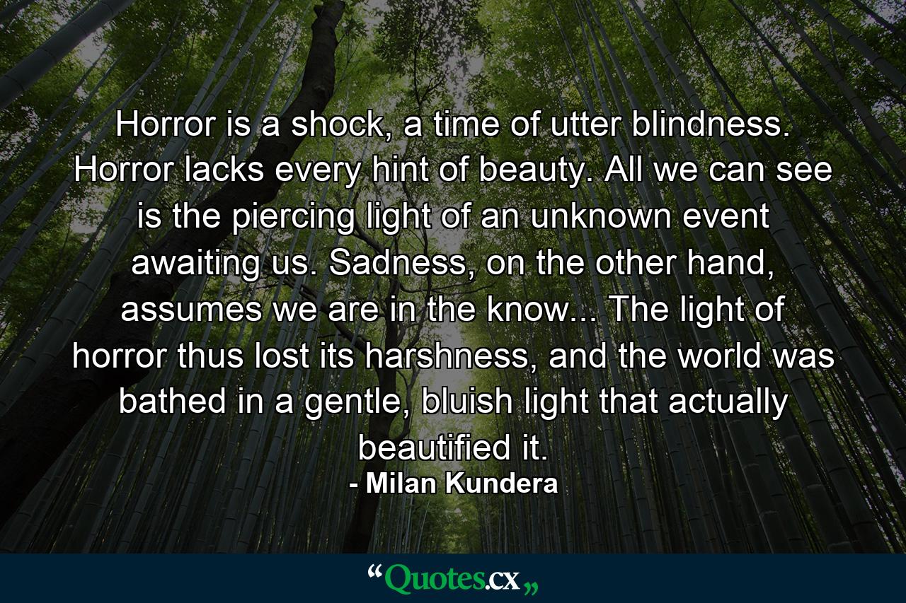 Horror is a shock, a time of utter blindness. Horror lacks every hint of beauty. All we can see is the piercing light of an unknown event awaiting us. Sadness, on the other hand, assumes we are in the know... The light of horror thus lost its harshness, and the world was bathed in a gentle, bluish light that actually beautified it. - Quote by Milan Kundera