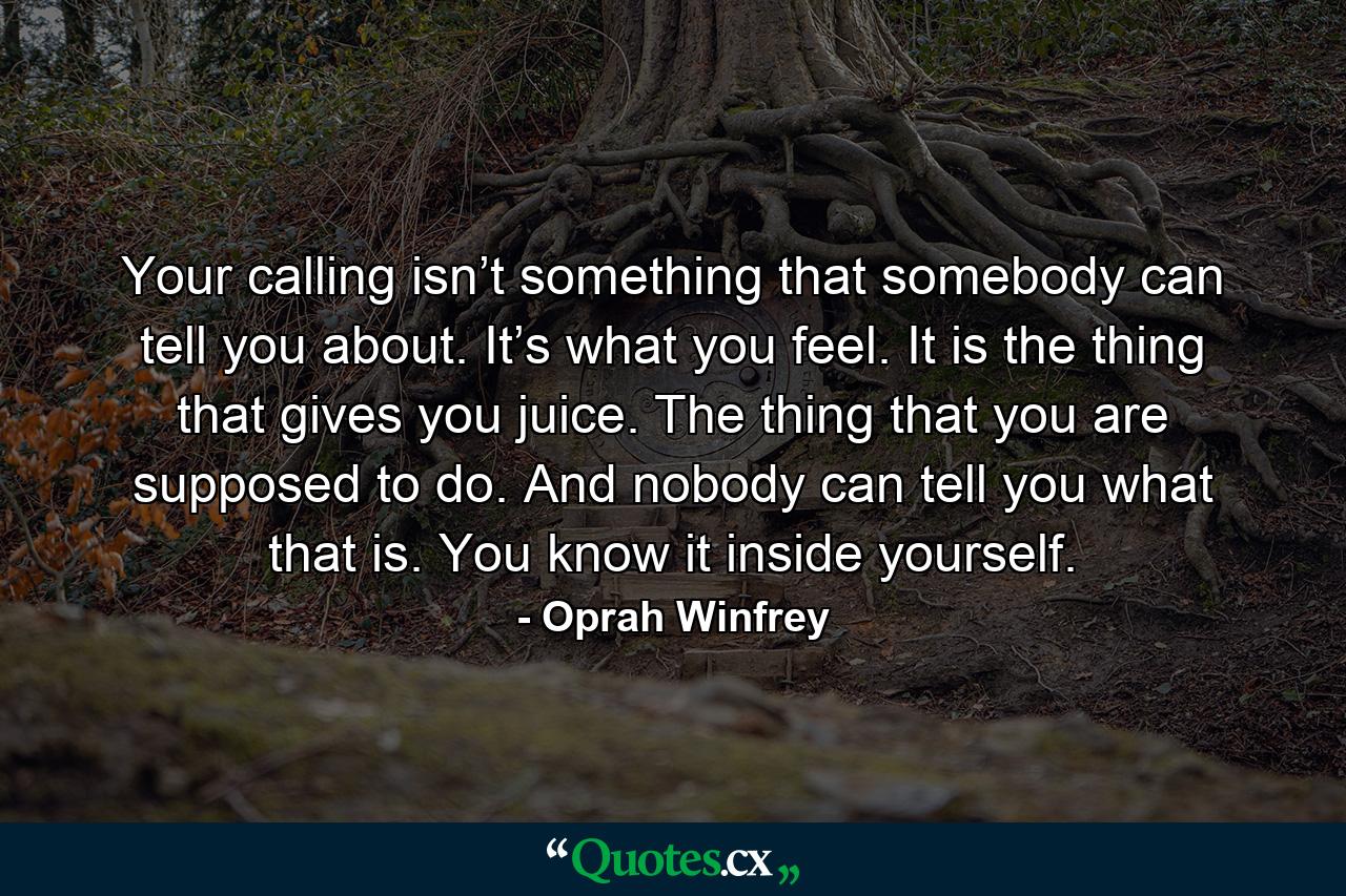 Your calling isn’t something that somebody can tell you about. It’s what you feel. It is the thing that gives you juice. The thing that you are supposed to do. And nobody can tell you what that is. You know it inside yourself. - Quote by Oprah Winfrey