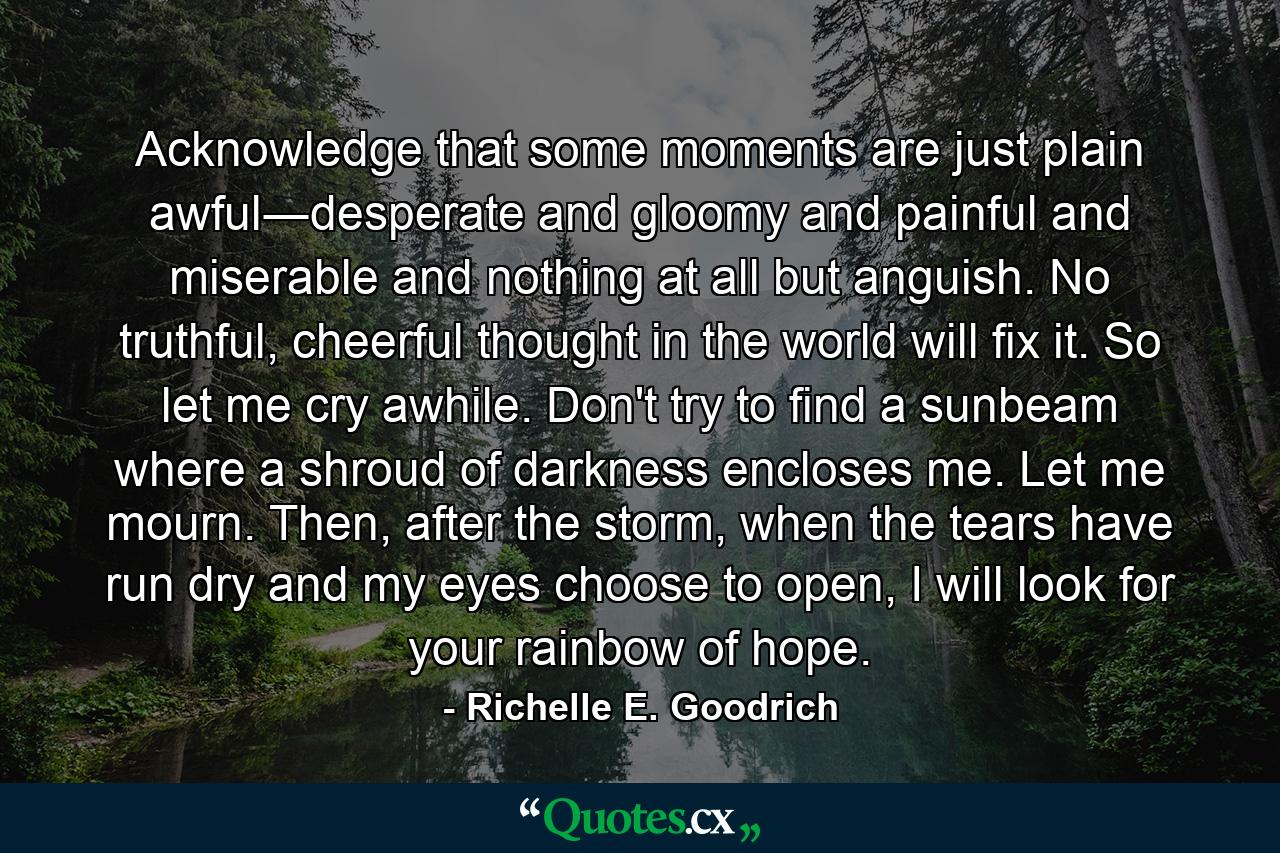 Acknowledge that some moments are just plain awful―desperate and gloomy and painful and miserable and nothing at all but anguish. No truthful, cheerful thought in the world will fix it. So let me cry awhile. Don't try to find a sunbeam where a shroud of darkness encloses me. Let me mourn. Then, after the storm, when the tears have run dry and my eyes choose to open, I will look for your rainbow of hope. - Quote by Richelle E. Goodrich