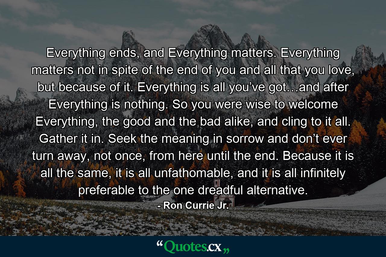 Everything ends, and Everything matters. Everything matters not in spite of the end of you and all that you love, but because of it. Everything is all you’ve got…and after Everything is nothing. So you were wise to welcome Everything, the good and the bad alike, and cling to it all. Gather it in. Seek the meaning in sorrow and don’t ever turn away, not once, from here until the end. Because it is all the same, it is all unfathomable, and it is all infinitely preferable to the one dreadful alternative. - Quote by Ron Currie Jr.