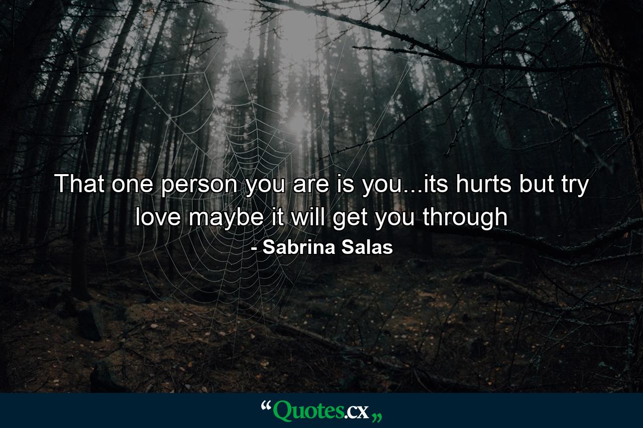 That one person you are is you...its hurts but try love maybe it will get you through - Quote by Sabrina Salas