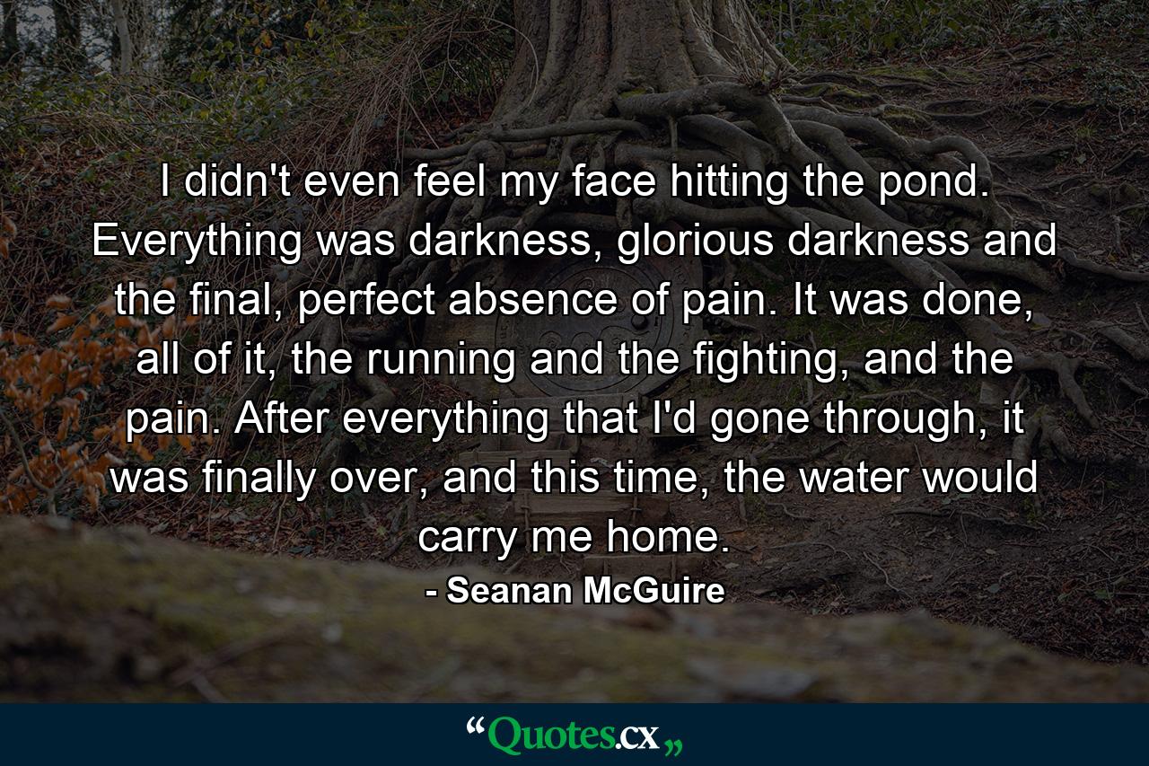 I didn't even feel my face hitting the pond. Everything was darkness, glorious darkness and the final, perfect absence of pain. It was done, all of it, the running and the fighting, and the pain. After everything that I'd gone through, it was finally over, and this time, the water would carry me home. - Quote by Seanan McGuire