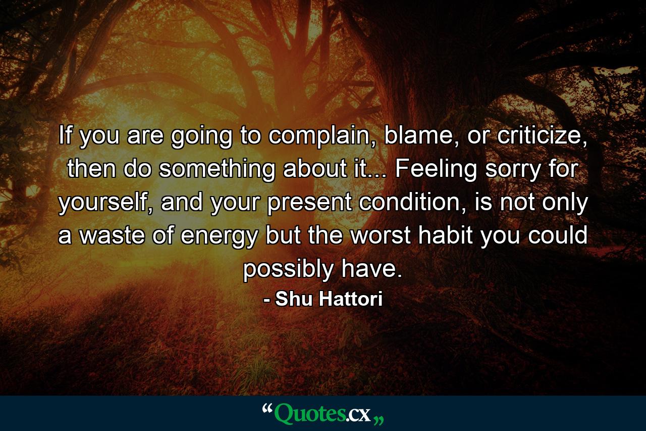 If you are going to complain, blame, or criticize, then do something about it... Feeling sorry for yourself, and your present condition, is not only a waste of energy but the worst habit you could possibly have. - Quote by Shu Hattori